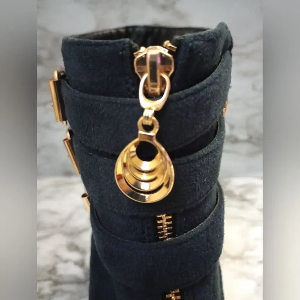 IDIFU Navy Blue Ankle Boots With Buckles Zip Closure Skinny Heel Size 10
